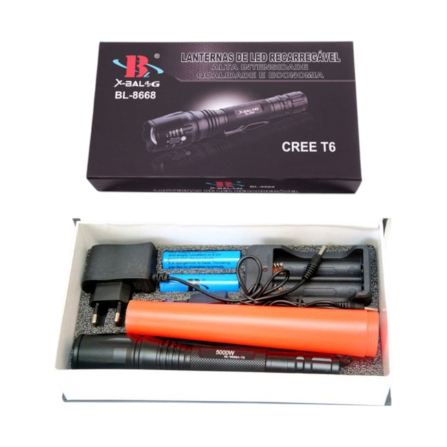 3W BL8668 LED Flashlight – with battery, zoom, and signal cone - Black