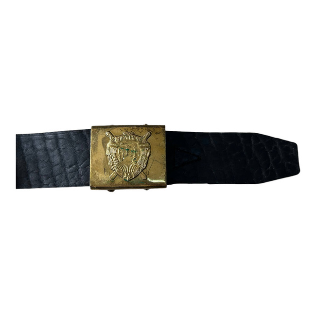 BLACK LEATHER BELT WITH GOLDEN BUCKLE - MILITARY SURPLUS ROMANIAN ARMY - IN GOOD CONDITION