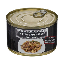 CONSERVA CU BUCATI DE CARNE DE VITA SI OREZ - 400 G - TERMEN DE VALABILITATE 10 ANI - MFH