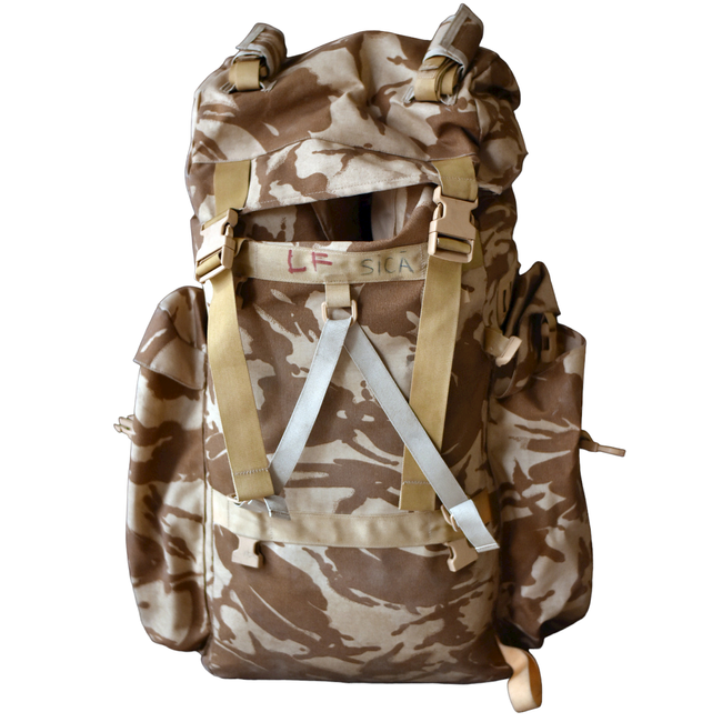 LARGE MILITARY COMBAT BACKPACK WITH POCKET, DETACHABLE OUTER POUCH - CONDOR - 90L - ROMANIAN ARMY MILITARY SURPLUS - DESERT CAMOUFLAGE - IN GOOD CONDITION