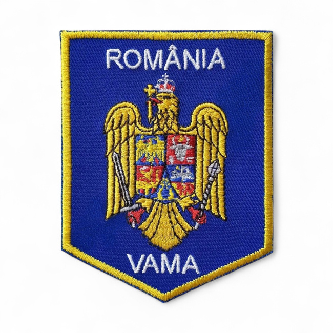 Emblema scut Vama - 8,5 x 6,5 cm - Suport Albastru Royal - Cu aplicare termica