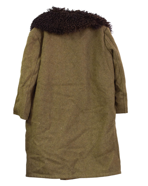 WINTER COAT, LONG, MADE OF WOOL, WITH FUR COLLAR, OLIVE GREEN - MILITARY SURPLUS FROM THE ROMANIAN ARMY - USED